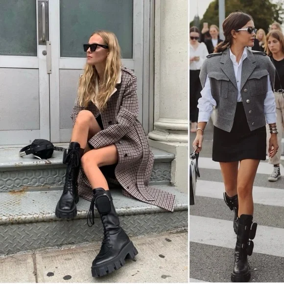 Prada Monolith Black Leather Combat Boots With Removable Pouches Tall Boot Sz 37 - Picture 3 of 12